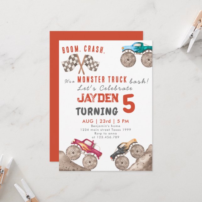 Red Monster Trucks Boy Birthday invitation (Front/Back In Situ)