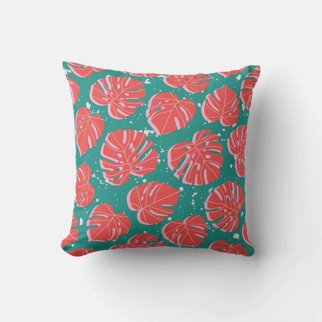 Red monstera: green tropical pattern cushion (Front)