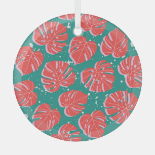 Red monstera: green tropical pattern glass tree decoration