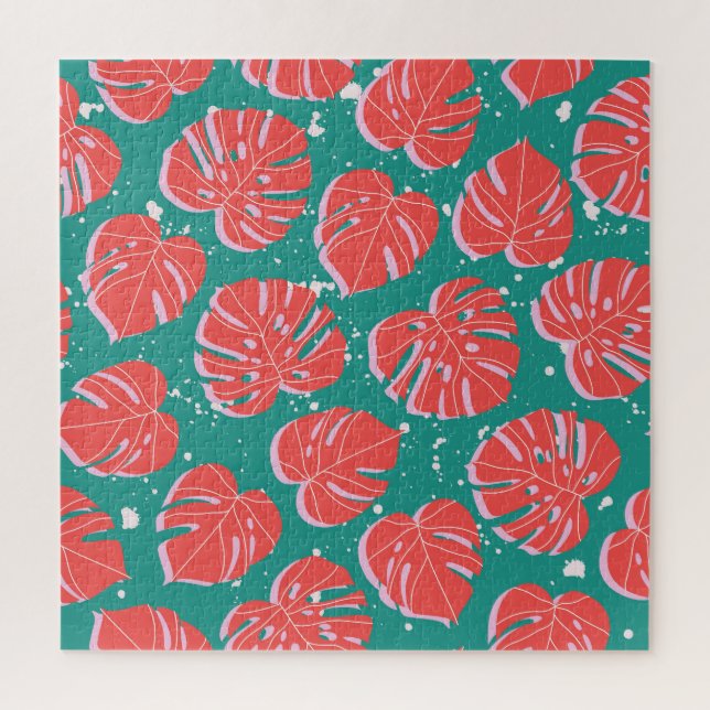 Red monstera: green tropical pattern jigsaw puzzle (Vertical)
