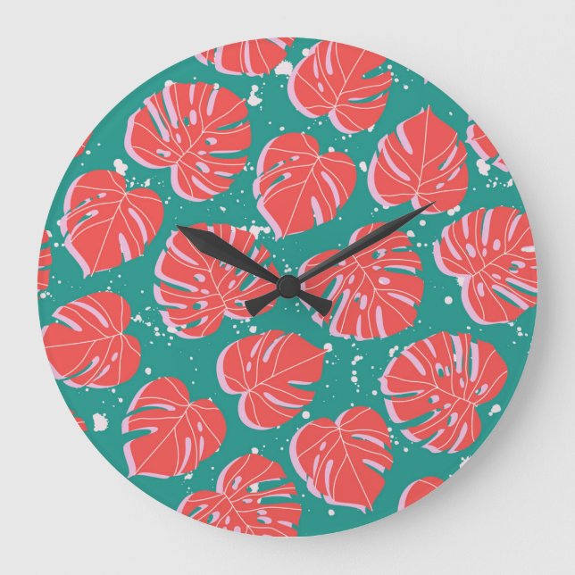 Red monstera: green tropical pattern large clock (Front)