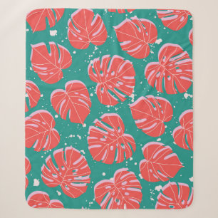 Red monstera: green tropical pattern sherpa blanket