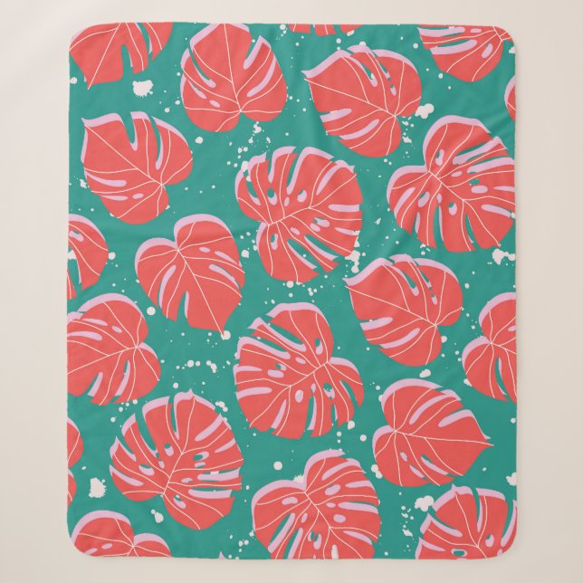 Red monstera: green tropical pattern sherpa blanket (Front)