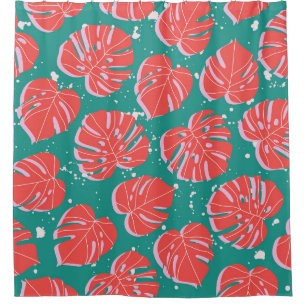 Red monstera: green tropical pattern shower curtain
