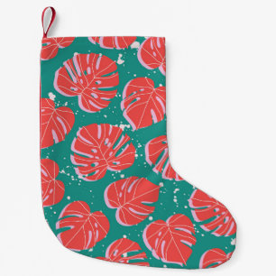 Red monstera: green tropical pattern small christmas stocking