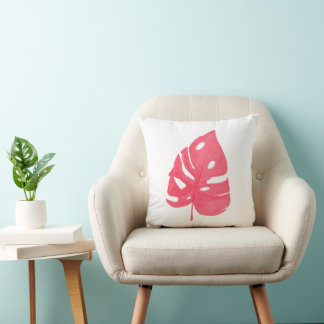 Red Monstera leaf printed throw pillow