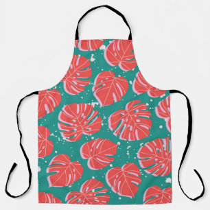 Red monstera leaves on green seamless pattern. Tre Apron