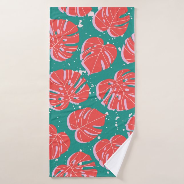 Red monstera leaves on green seamless pattern. Tre Bath Towel (Bath Towel)