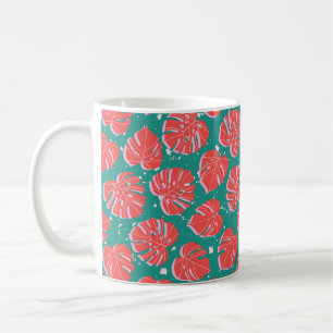Red monstera leaves on green seamless pattern. Tre Coffee Mug
