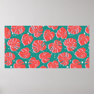 Red monstera leaves on green seamless pattern. Tre Poster