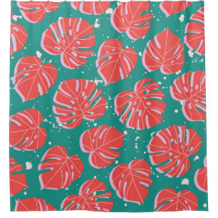Red monstera leaves on green seamless pattern. Tre Shower Curtain