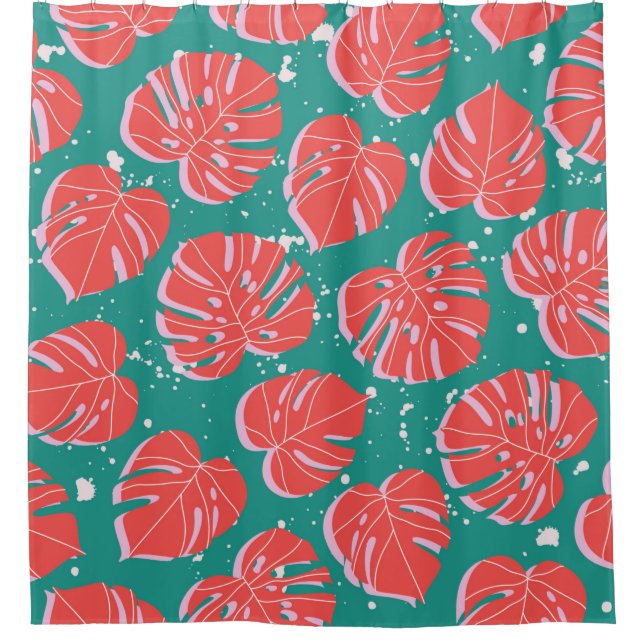 Red monstera leaves on green seamless pattern. Tre Shower Curtain (Front)
