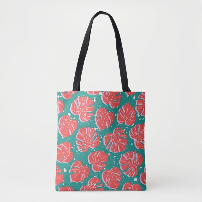 Red monstera leaves on green seamless pattern. Tre Tote Bag (Front)