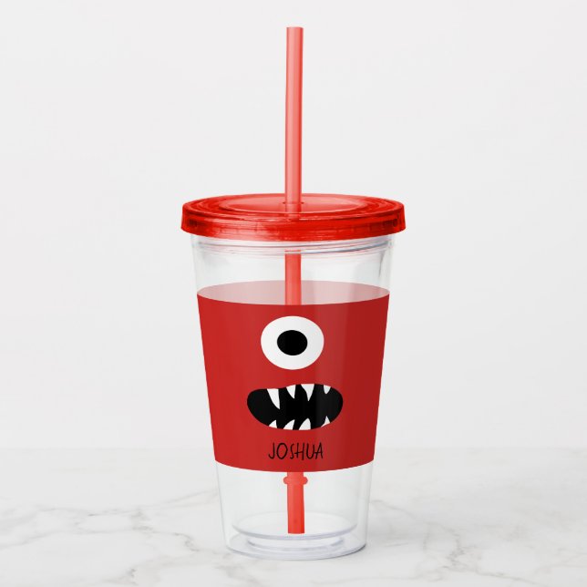 Red Monsters Face One Eyed Monster Personalised Acrylic Tumbler (Front)