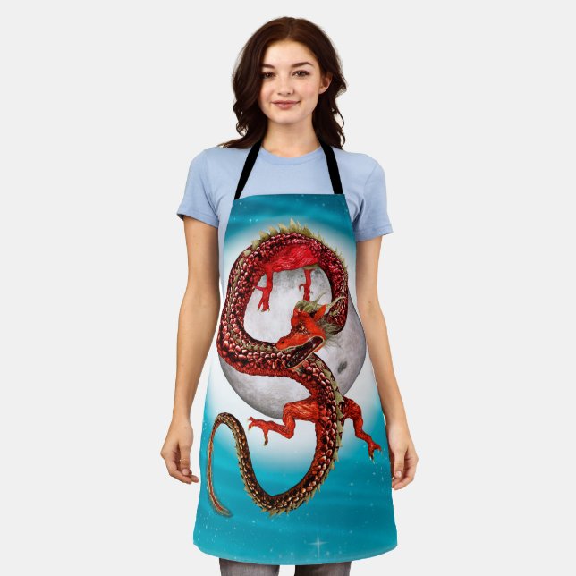 Red Moon Dragon Celestial Fantasy Art Apron (Worn)