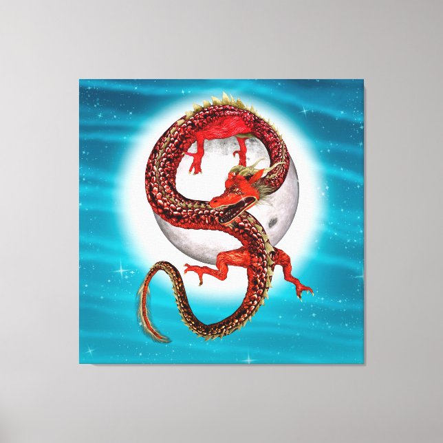Red Moon Dragon Celestial Fantasy Art Canvas Print (Front)