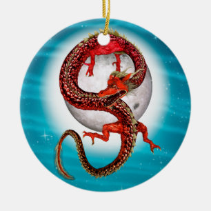 Red Moon Dragon Celestial Fantasy Art Ceramic Tree Decoration