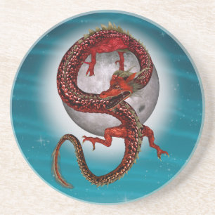 Red Moon Dragon Celestial Fantasy Art Coaster