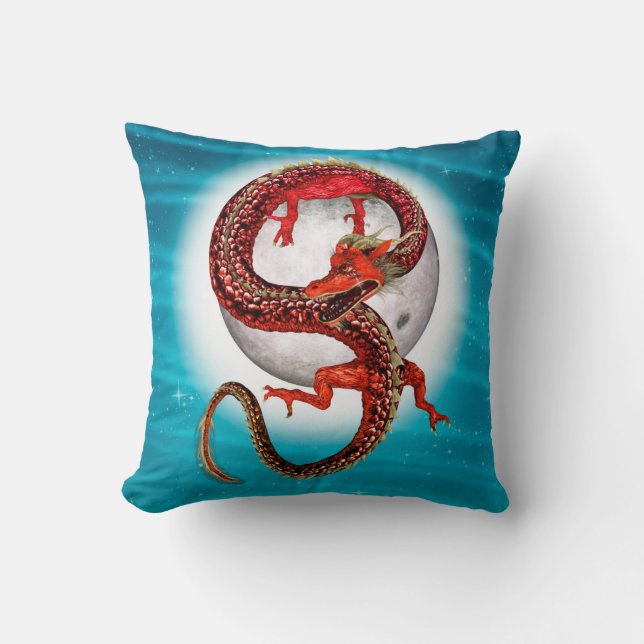 Red Moon Dragon Celestial Fantasy Art Cushion (Front)
