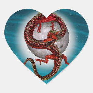 Red Moon Dragon Celestial Fantasy Art Heart Sticker
