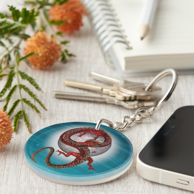 Red Moon Dragon Celestial Fantasy Art Key Ring (Front Right)