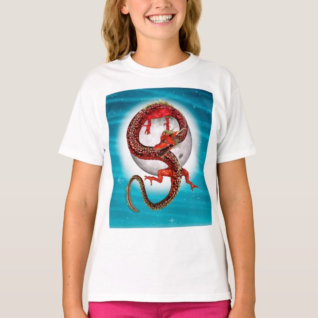 Red Moon Dragon Celestial Fantasy Art T-Shirt (Front)