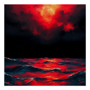 Red Moon Over Dark Ocean Dramatic Fantasy Seascape Poster