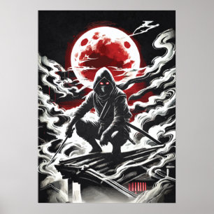 Red Moon Shinobi - Japanese Anime Tattoo Ninja Art Poster