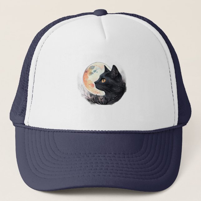 Red Moon with Cat Artistic T-Shirt Design Trucker Hat (Front)