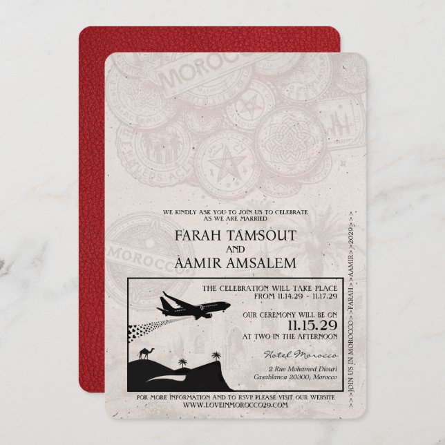 Red Morocco Passport Wedding Invitation (Front/Back)