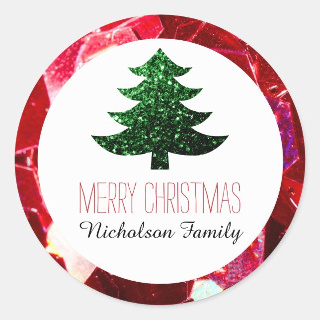 Red mosaic Green Christmas tree sparkles Gift Tag (Front)