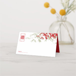 Red & Moss Bamboo Leaves Double Xi Chinese Wedding Place Card