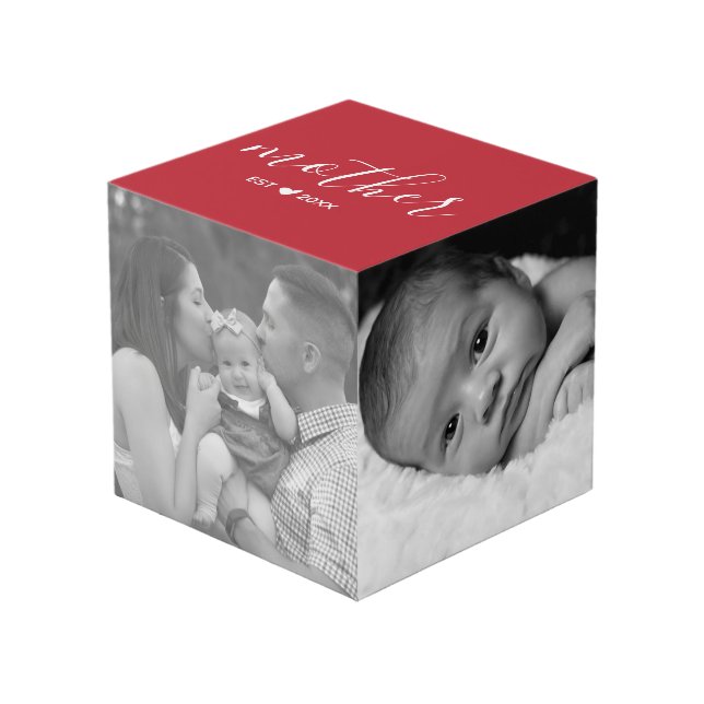 Red Mother Est. Year Red Heart Family Photo Cube (Front Angled)