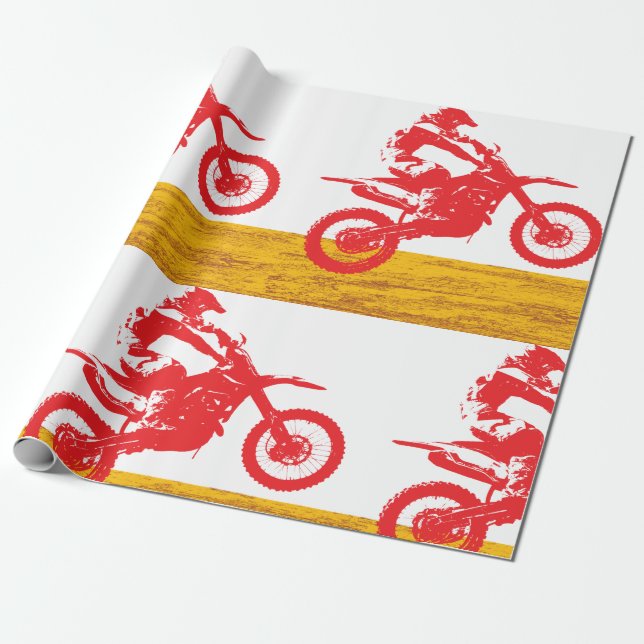 Red Motocross Dirt Bike Rider Silhouette Wrapping Paper (Unrolled)