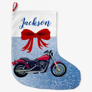 Red Motorcycle and Snow Large Christmas Stocking