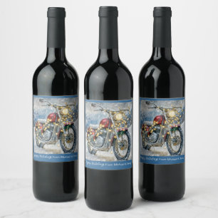Red Motorcycle with Christmas Lights  Wine Label