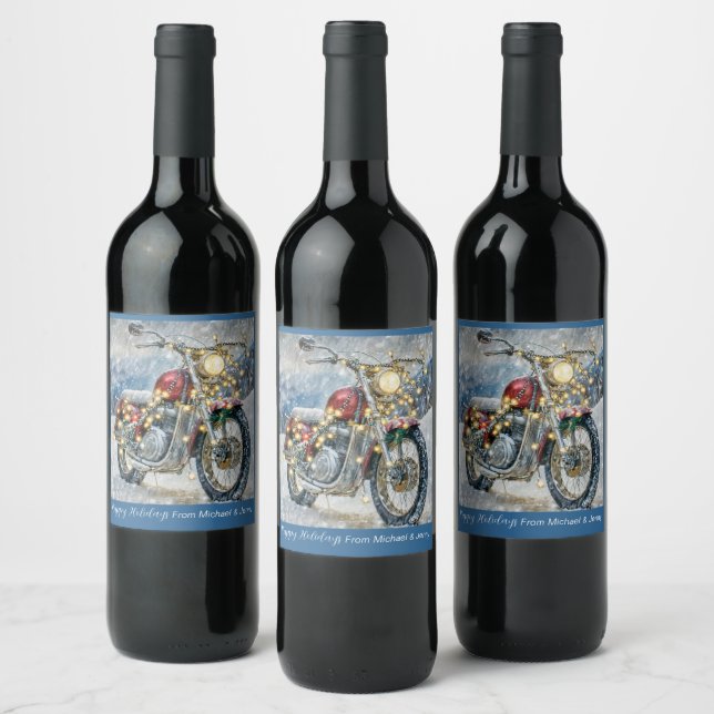 Red Motorcycle with Christmas Lights  Wine Label (Bottles)