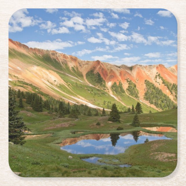 Red Mountain Reflection Square Paper Coaster (Front)