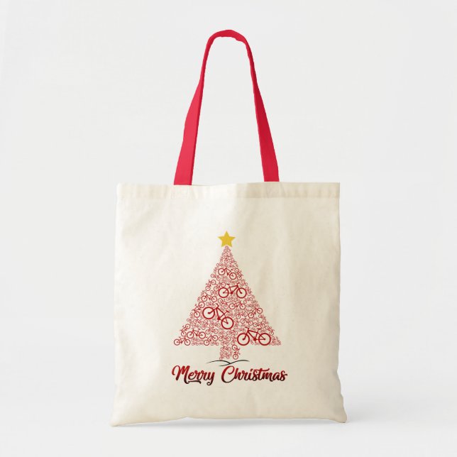 Red Mtb Bicycle Christmas Tree Merry Christmas Tote Bag (Front)