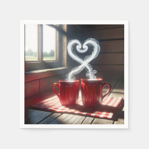 Red Mugs With Steamy Heart Connection Napkin