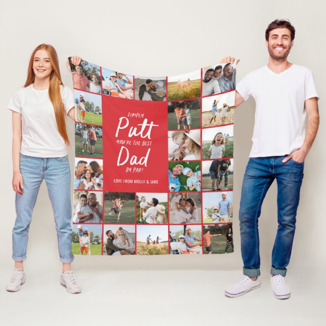 Red multi photo modern minimal golf dad fleece blanket (In Situ)