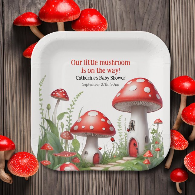 Red Mushroom Fungi Woodland Baby Shower Paper Plate (Creator Uploaded)