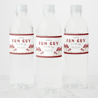 Red Mushroom Little Fun Guy Baby Shower Water Bottle Label