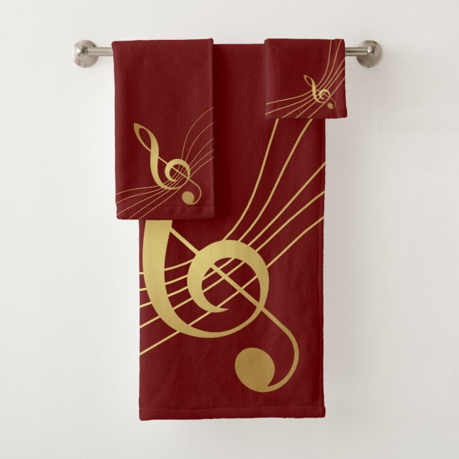 Red Music Bath Set - Treble Clef: Gold Music (Insitu)
