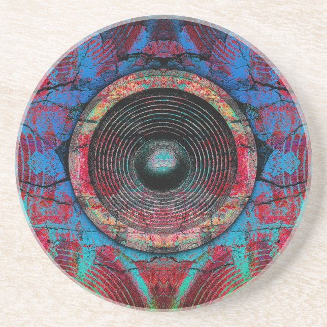 Red music speakers on a cracked wall coaster (Front)