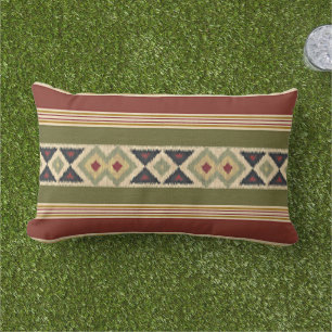 Red Mustard Yellow Olive Green Ikat Stripes Art Lumbar Cushion