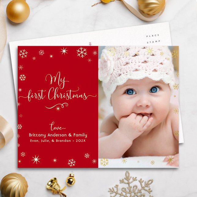 Red My First Christmas Baby Photo Snowflakes Gold Foil Holiday Postcard (Creator Uploaded)