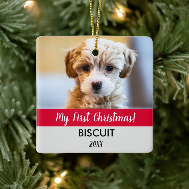 RED My First Christmas Puppy Photo Year Holiday Ceramic Ornament (Tree)