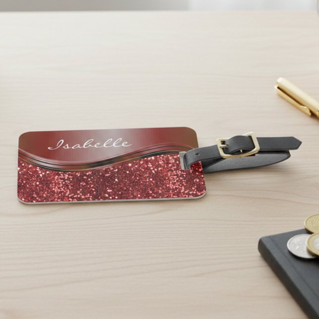 Red Name Faux Glitter Bling Personalised  Luggage Tag (Creator Uploaded)