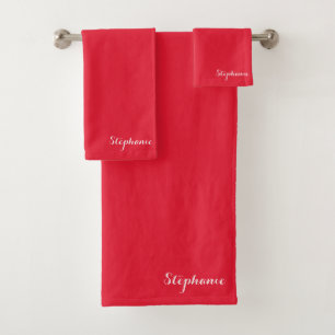 Red Name Modern Elegant Monogram Boho Bath Towel Set